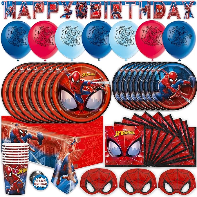 Spiderman Birthday Decorations | Spiderman Party Decorations | Serves 16 Guests | Balloons, Banner, Table Cover, Plates, Cups, Napkins, Masks, Button | Officially Licensed