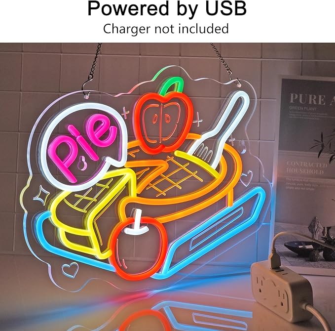 Pie Neon Sign, Neon Lights Hanging Wall Art Decoration for Bakery Café Dessert Shop Kitchen Thanksgiving/Christmas Venue Home Decor,USB Powered,Ultra Bright & Dimmable,15.75×11.8Inches