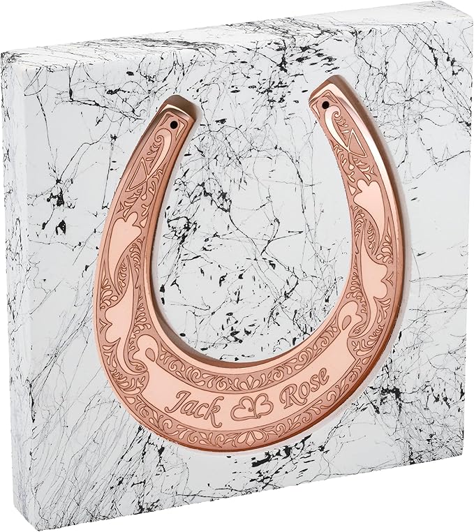Custom Engraved Copper Horseshoe with Wooden Stand - Personalized Copper Anniversary Decor, Lucky Gift Idea for Couple, Him or Her, Symbol of Strength and Love