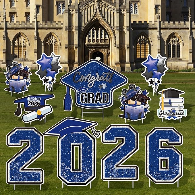 Large 11 PCS Graduation Yard Signs, Class of 2026 Congrats Grad Outdoor Lawn Yard Sign with Stakes, Graduate Yard Decorations for College High School Party, Black and Blue