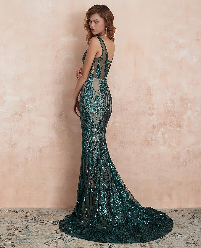 Women's Double V-Neck Sequins Lace-up Mermaid Evening Dress