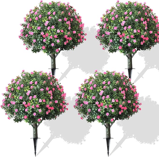 4-Pack Artificial Boxwood Topiary Ball Plant with Pink Flowers, Ground Stake, UV-Resistant Outdoor & Indoor Decorative Flowers (4)