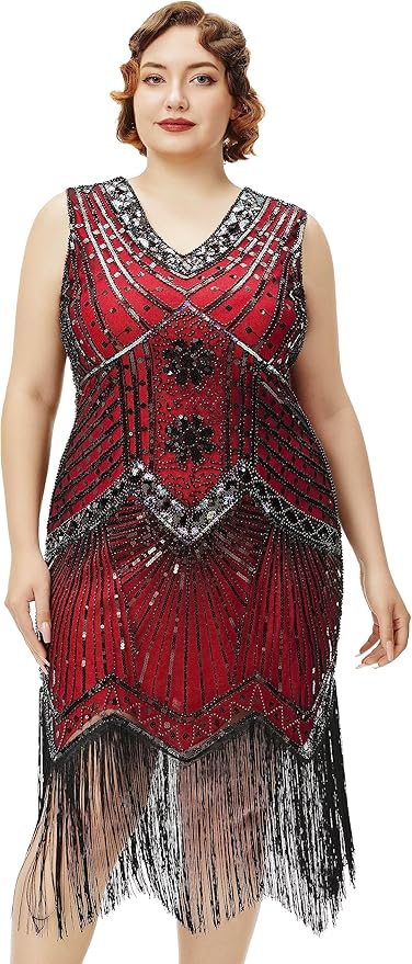 BABEYOND Women's Plus Size Flapper Dresses 1920s V Neck Beaded Fringed Great Gatsby Dress