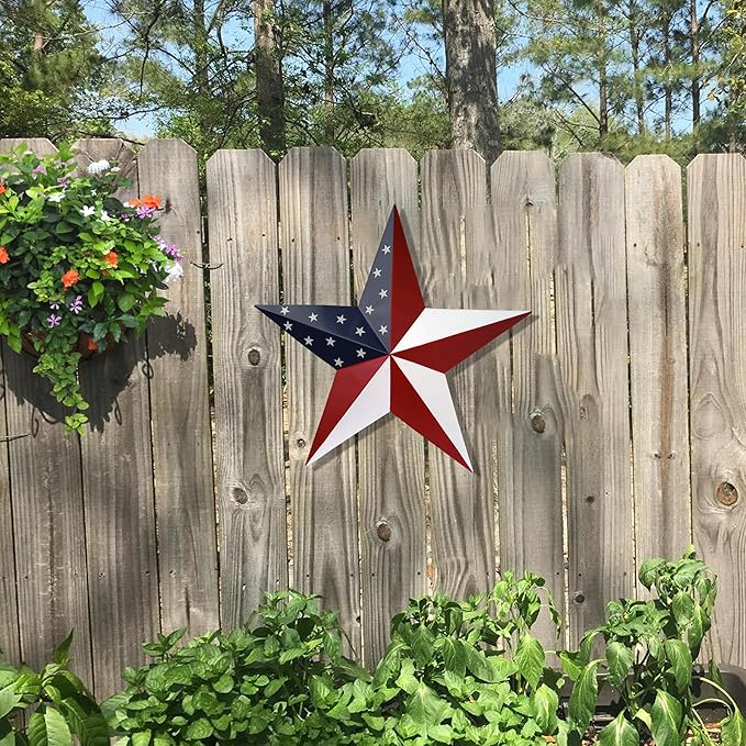 JoyEvy American Barn Star US Flag Stars Indoor Outdoor Decor, Metal Patriotic Star Wall Decoration, Texas Stars for Outside Rustic Vintage Western Country Home Farmhouse Wall Ornament(19.4inch)
