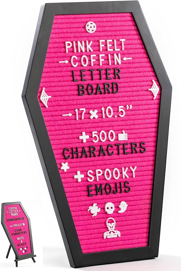 Coffin Letter Board Pink With Spooky Emojis +500 Characters, and Wooden Stand - 17x10.5 Inches - Gothic Halloween Decor Spooky Gifts Decorations
