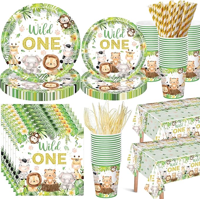 452 Pcs Wild One Birthday Party Decorations for 50, Safari Jungle Wild One Paper Plates Napkins Cups Tablecloth Cutlery Straws for Boys Kids Woodland Themed First Birthday Party Supplies