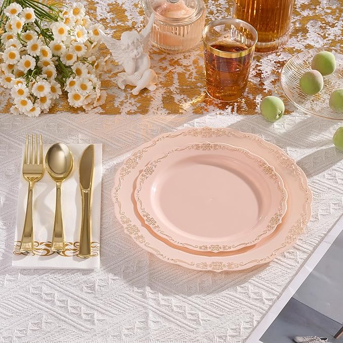 350 PCS Pink Disposable Plates, Elegant Dinnerware Set for 50 Guests, 100 Plastic Plates, 150 Silverware, 50 Cups & 50 Paper Napkins, Pink