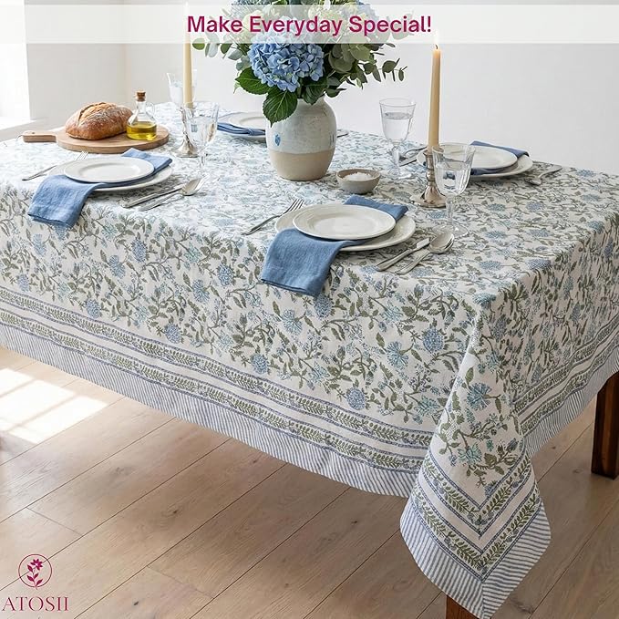 ATOSII Mahoka Blue 100% Cotton Square Fall Tablecloth, Handblock Floral Linen Table Cloth for Kitchen Dining Table I Parties Weddings Outdoors Easter Valentine's Gift I 60 X 60 Inches I 4 Seater