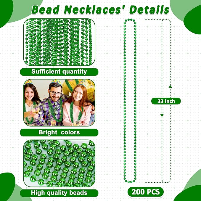 200 PCS Beaded Necklaces, 33" Mardi Gras Beads, St Patricks Day Bead Necklace, Green Accessories Parade Throws Bulk for Baby Shower Wedding Birthday Pirate Party Favors Supplies