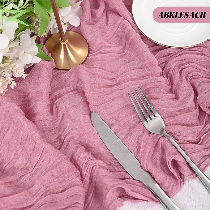 24 Pack Dusty Rose Cheesecloth Table Runner 120 inch Fall Thanksgiving Boho Rustic Gauze Farmhouse 10FT Cheese Cloth Runner for Baby Shower Wedding Party Holiday Home Decor