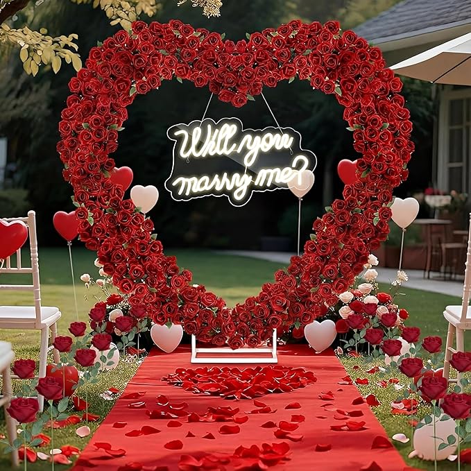 Proposal Decorations Kit Will You Marry Me LED Neon Light Metal Heart Stand Carpet 2000 Rose Petals 30 Artificial Roses for Proposal Wedding Bridal Valentine Engagement Birthday Party(Red)