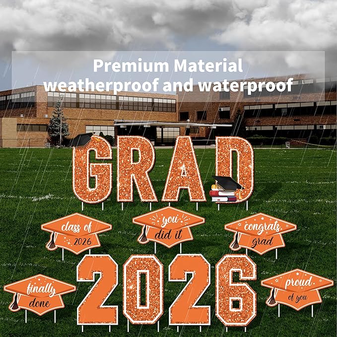 Aneco Waterproof 2026 Grad Yard Signs Plastic Graduation Yard Signs Party Outdoor Lawn Decorations 16 Inches Glitter Congrats Grad Lawn Sign with Stakes for Outdoor Party Garden Decor (Orange)