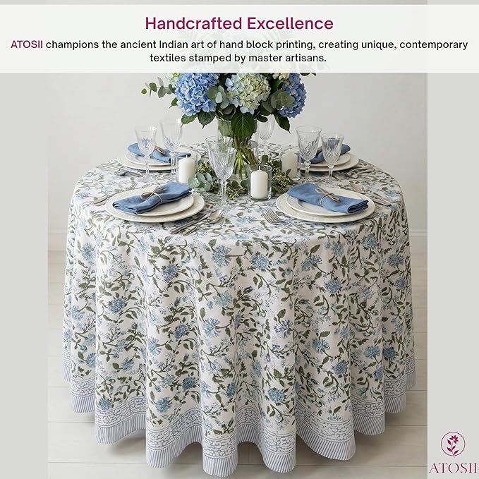 ATOSII Mahoka Blue 100% Cotton Round Tablecloth, Block Print Floral Table Cloth for Dining, Parties, Weddings, Outdoors, Holidays I 90" Inches, 6 Seater I Grandmillennial Farmhouse Boho Summer