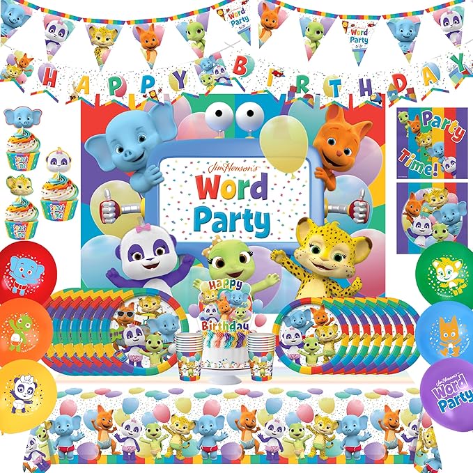 Treasures Gifted Officially Licensed Jim Henson’s Word Party Birthday Supplies - Serves 24 Guests - Ultimate Set Birthday Decorations - Word Party Decorations - Banner, Plates & More