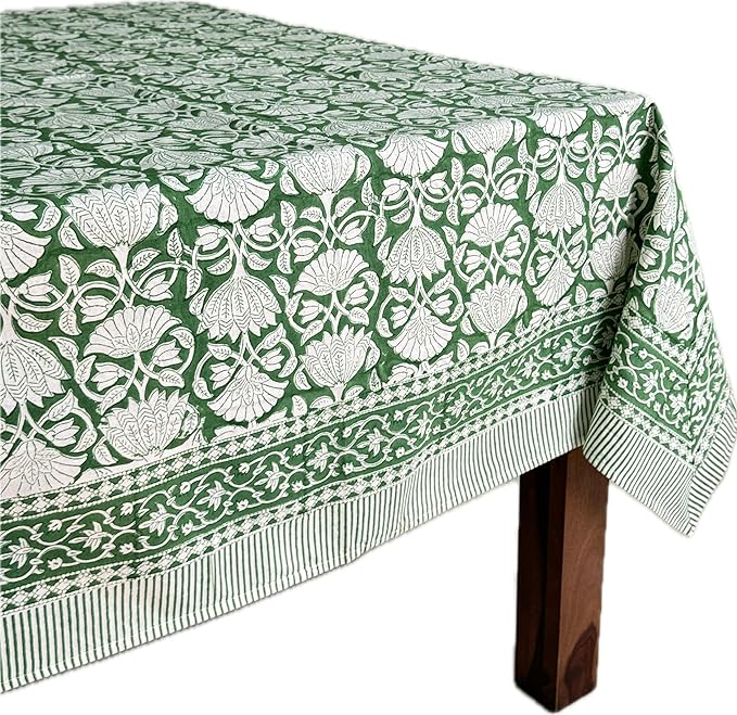 ATOSII Meadow Green100% Cotton Fall Tablecloth, Handblock Print Rectangle Table Cover for Kitchen Dining Linen I Parties, Weddings, Outdoors, Easter Table Cloth Decor 60 X 108 Inches I 8 Seater