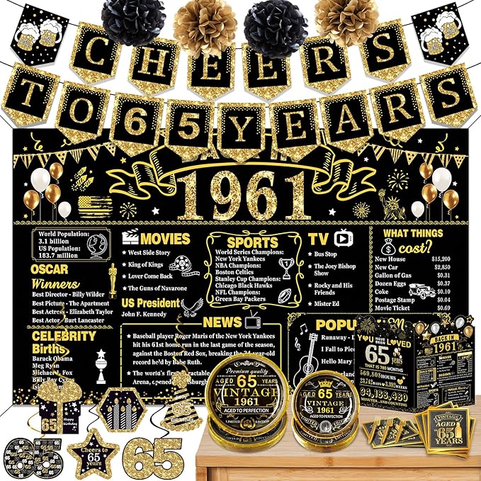 65th Birthday Decorations for Men Women, 106 PCS Back in 1961 Decorations, Vintage 65th Birthday Party Tableware Set for men,Backdrops,Card, Banner, Paper Poms,Hanging Swirl, Tableware for 24 Guests