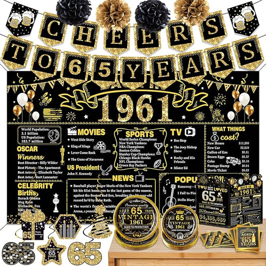 65th Birthday Decorations for Men Women, 106 PCS Back in 1961 Decorations, Vintage 65th Birthday Party Tableware Set for men,Backdrops,Card, Banner, Paper Poms,Hanging Swirl, Tableware for 24 Guests