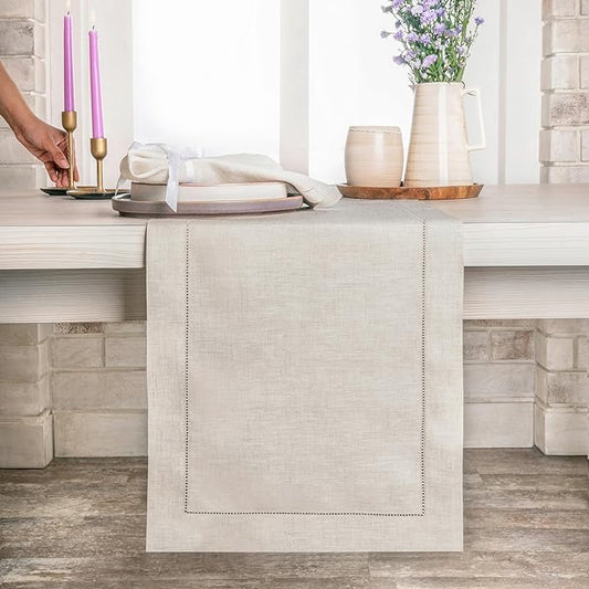 D'Moksha Homes Linen Light Natural Table Runner 72 Inches Long - 100% Pure Linen Hemstitch Table Runner 14 x 72 Inch for Dresser, Dining, Valentines, Spring, Easter - Classic Hemstitch