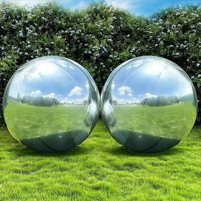 Silver Inflatable Mirror Ball, Big Shinny Mirror Balls Reusable Large PVC Disco Ball Balloon for Large Event Decoration, Party, Concerts, Stage, Wedding Decor, Without Air Pump(2 Pcs, 59in)