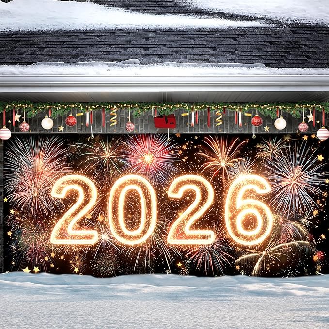 2026 New Year Garage Door Banner 7x16FT, Neon Glow 2026 Fireworks Garage Door Cover, Large Outdoor Happy New Year Decoration Backdrop for Garage Door, Fence, Yard, Party Photo Booth