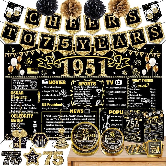 75th Birthday Decorations for Men Women, 103 PCS Back in 1951 Decorations, Vintage 75th Birthday Party Tableware Set for men,Backdrops,Card, Banner, Paper Poms,Hanging Swirl, Tableware for 24 Guests