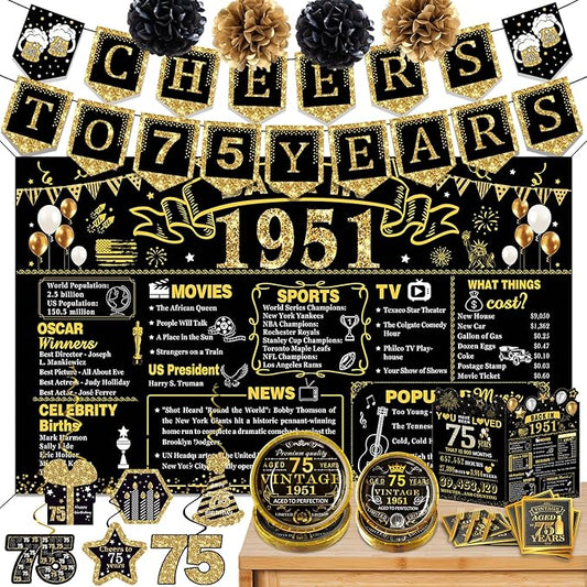75th Birthday Decorations for Men Women, 103 PCS Back in 1951 Decorations, Vintage 75th Birthday Party Tableware Set for men,Backdrops,Card, Banner, Paper Poms,Hanging Swirl, Tableware for 24 Guests