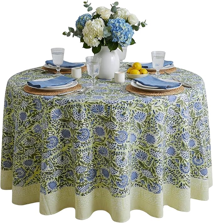 ATOSII Amara 100% Cotton Round Fall Tablecloth, Handblock Print Floral Table Cloth for Kitchen Dining Linen I Parties, Weddings, Christmas, Thanksgiving, Easter Grandmillennial Decor 60" Inches Round