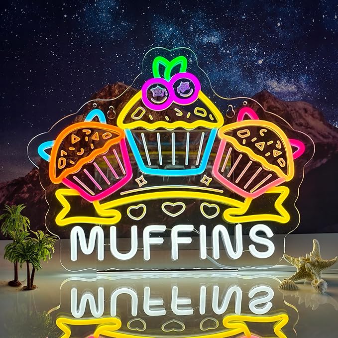 Muffins Neon Sign, Neon Lights Hanging Wall Art Decoration for Bakery Café Restaurant Snack Bar Pastry Shop Party Home Decor, USB Powered Ultra Bright Dimmable, 16.14×12.6inches