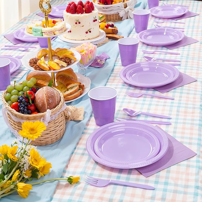 MirthMood 350PCS Lavender Plastic Plates,Lavender Disposable Plates Set – Plastic Plates Set Includes 50 Dinner,50 Dessert Plate,50 Cup&50 Napkins, 50 Lavende Silverware for Wedding & Birthday Parties
