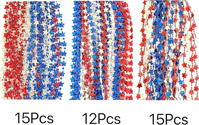 102 Pcs 4th of July Beads Necklaces Independence Day Red Blue Silver Bead Necklaces Party Favors Fourth of July Patriotic Parade Beads Party Celebration Favors Decorations