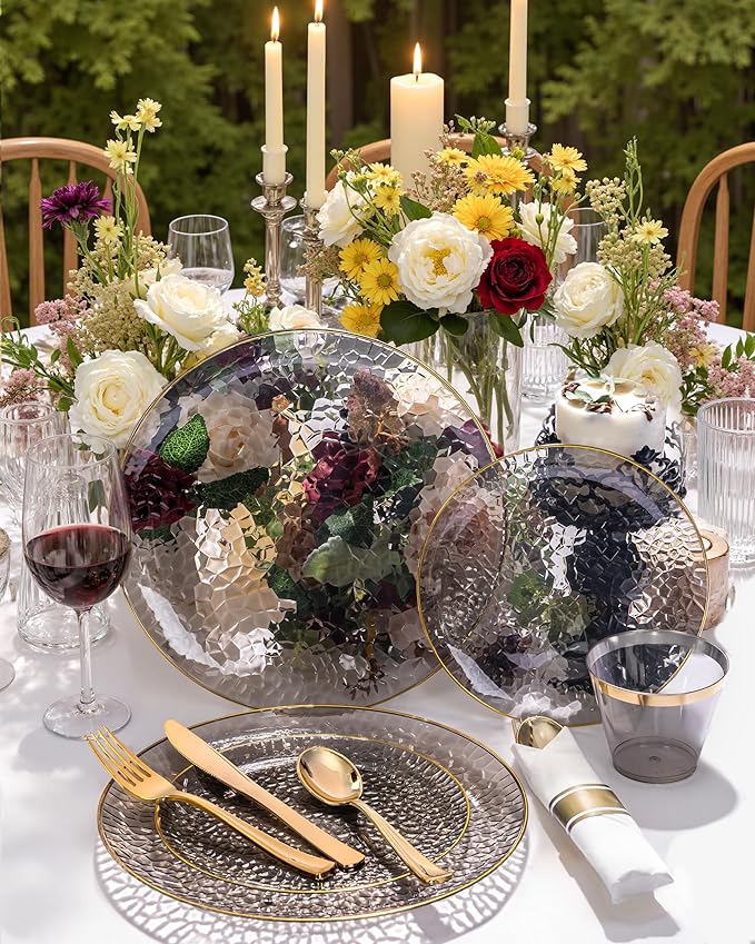 Hioasis 175pcs Black Gold Plastic Plates - Black Plastic Dinnerware Set Includes 25 Dinner Plate, 25 Dessert Plate, 25 Cups, 25 Napkins Perfect for Wedding & New Year