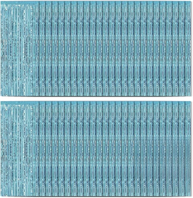 Blue Foil Fringe Curtains 50 Pack 3.2ft x 8.2ft Fringe Backdrop Curtains Metallic Tinsel Streamer Photo Backdrop for Birthday Party Decorations Halloween Christmas Party Supply (Light Blue)