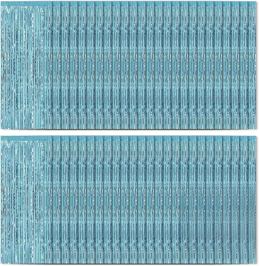 Blue Foil Fringe Curtains 50 Pack 3.2ft x 8.2ft Fringe Backdrop Curtains Metallic Tinsel Streamer Photo Backdrop for Birthday Party Decorations Halloween Christmas Party Supply (Light Blue)