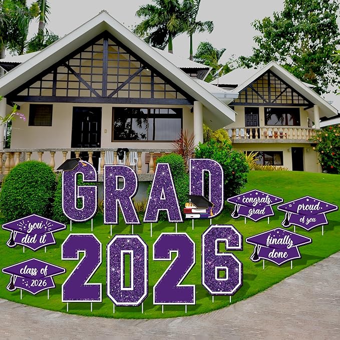 Aneco Waterproof 2026 Grad Yard Signs Plastic Graduation Yard Signs Party Outdoor Lawn Decorations 16 Inches Glitter Congrats Grad Lawn Sign with Stakes for Outdoor Party Garden Decor (Purple)