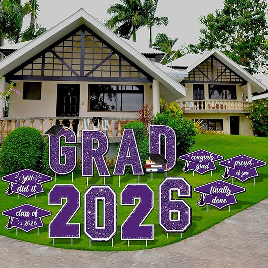 Aneco Waterproof 2026 Grad Yard Signs Plastic Graduation Yard Signs Party Outdoor Lawn Decorations 16 Inches Glitter Congrats Grad Lawn Sign with Stakes for Outdoor Party Garden Decor (Purple)