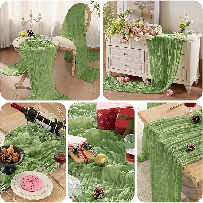 12 Pack Cheesecloth Table Runner 120 Inch Boho Rustic Gauze 10 FT Sage Green Cheese Cloths Table Runners Decorations for Spring Summer Birthday Party Baby Shower Wedding Holiday Home Decor