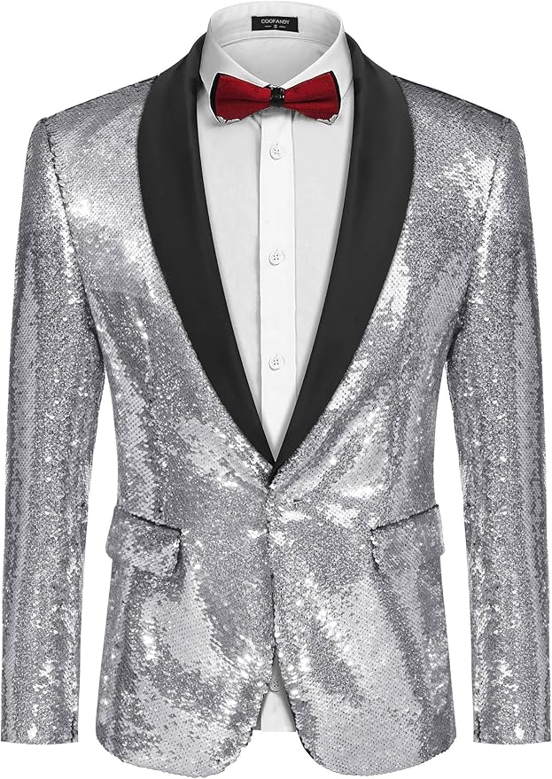 COOFANDY Mens Shiny Sequin Blazer Tuxedo Party Dinner Prom One Button Suit Jacket