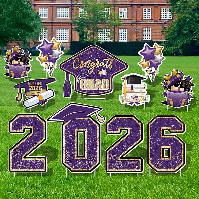 Large 11 PCS Graduation Yard Signs, Class of 2026 Congrats Grad Outdoor Lawn Yard Sign with Stakes, Graduate Yard Decorations for College High School Party, Purple and Gold