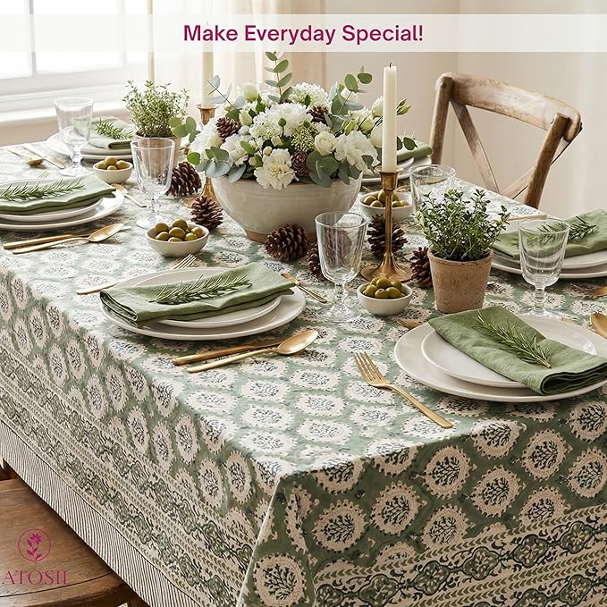 ATOSII Kari Green 100% Cotton Rectangle Boho Summer Tablecloth, Block Print Floral Table Cloth Linen for Dining, Parties, Wedding, Outdoors Home Decor 72 X 108 Inches I 8 Seater I