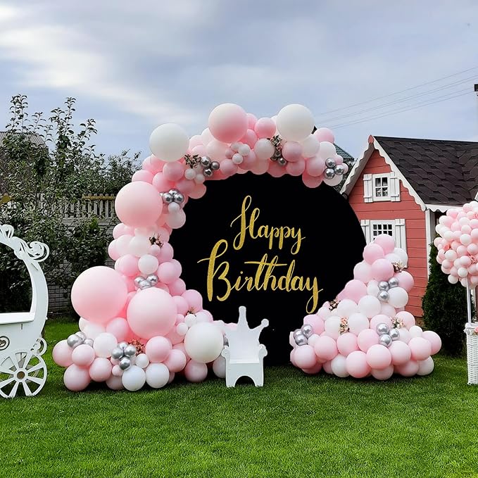 Gold Happy Birthday Black Round Backdrop Cover 7.2ft,Black Background with Gold Happy Birthday Sign for Photography Party Banner Decoration Supplies Circle Backdrop Adult Kids Photo Portrait