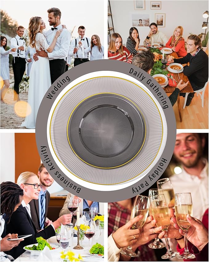 Hioasis 60pcs Black and Gold Plastic Plates - Black Disposable Dinnerware Set, 30pcs Dinner 10.25in & 30pcs Dessert 7.5in Plates with Striped Designs for Party & Wedding