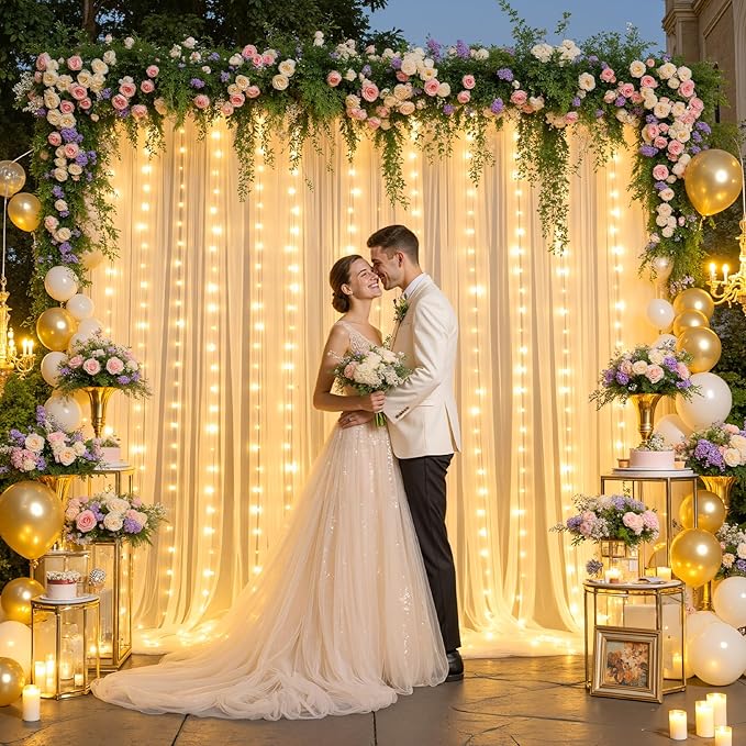 Champagne Backdrop Curtains with Lights String for Wedding Parties 10×10ft Sheer Tulle Backdrop Curtain for Bridal Shower Baby Shower Birthday Party Photo Shoot Decorations 2 Panels 5×10ft