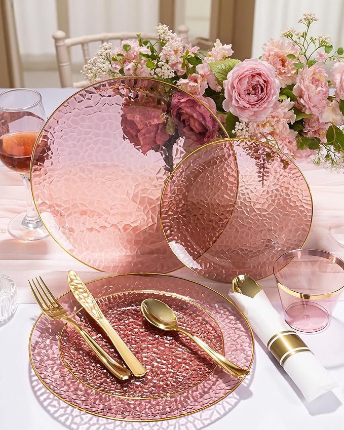 Hioasis 175PCS Clear Burgundy Plastic Plates - Hammered Disposable Dinnerware Set for Party Includes 25 Dinner Tableware, 25 Dessert Tableware,25 Cups,25 Rolled Napkin Cutlery Perfect for Party