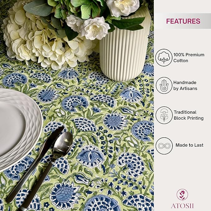 ATOSII Amara 100% Cotton Round Fall Tablecloth, Handblock Print Floral Table Cloth for Kitchen Dining Linen I Parties, Weddings, Christmas, Thanksgiving, Easter Grandmillennial Decor 60" Inches Round