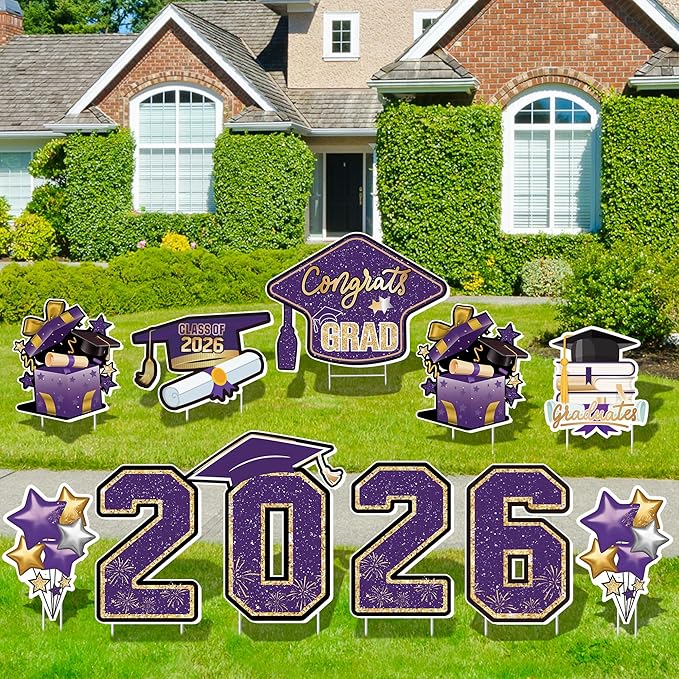 Large 11 PCS Graduation Yard Signs, Class of 2026 Congrats Grad Outdoor Lawn Yard Sign with Stakes, Graduate Yard Decorations for College High School Party, Purple and Gold