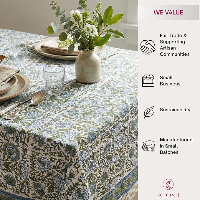 ATOSII Clover Blue 100% Cotton Rectangle Fall Tablecloth, Handblock Floral Linen Table Cloth for Kitchen Dining Table I Parties Christmas Thanksgiving I Fall Home Decor 60 X 90 Inches I 6 Seater