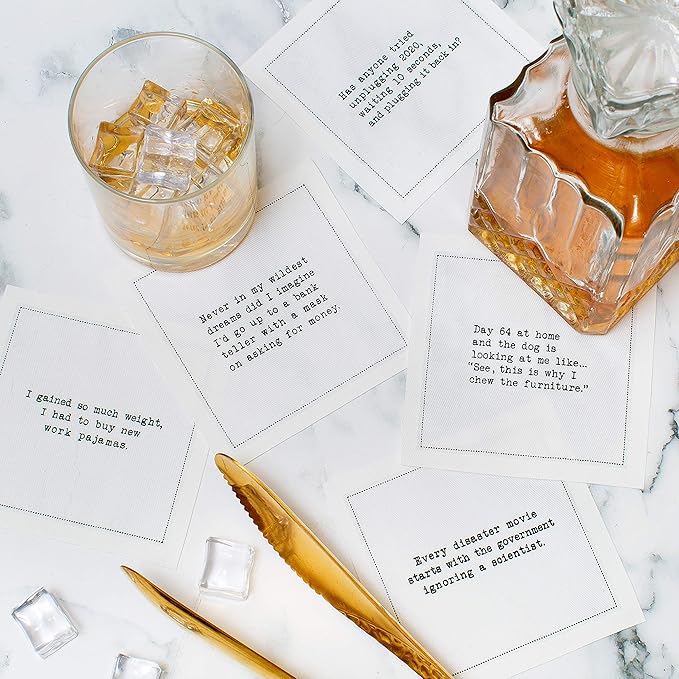 Five Star Funny Quarantine Quotes | White Cotton Cocktail Napkins | 50 Luxury Disposable Beverage Napkins with Witty Bar Quotes | Drink Napkins for Parties, Bars, Weddings & Game Nights