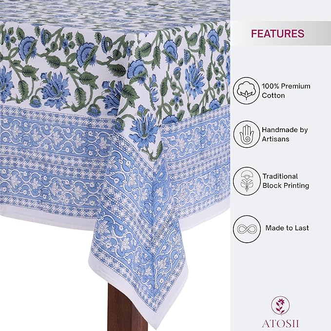 ATOSII Taj 100% Cotton Rectangle Fall Tablecloth, Handblock Floral Print Linen Table Cloth for Kitchen Dining I Parties, Outdoors, Christmas, Thanksgiving I 72 X 108 Inches I 8 Seater
