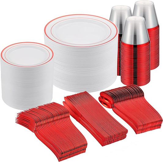 300PCS Red Dinnerware Set for 50 Guests, White and Red Plastic Disposable Plates for Party-50 Dinner Platos,50 Dessert Plates, 150 Silverware Set- Fancy Heavy Duty Party Plate