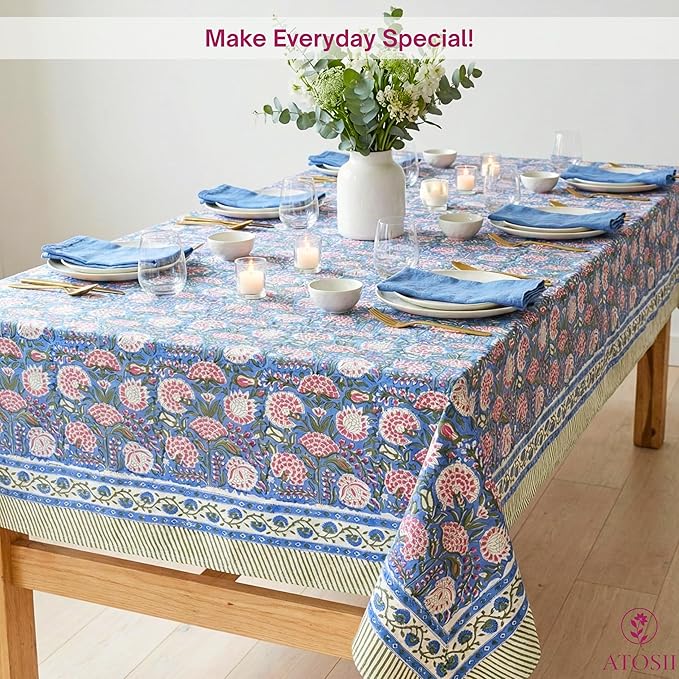 ATOSII Clover Pink 100% Cotton Rectangle Boho Fall Tablecloth, Handblock Floral Table Cloth Linen for Kitchen Dining I Parties Wedding Outdoors Christmas Thanksgiving I 72 X 120 Inches I 10 Seater